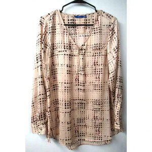 Apt 9 V Neck 3/4 Zip Front Long Sleeve Blouse Peach Stripe w/ Gold Accents Sz Lg